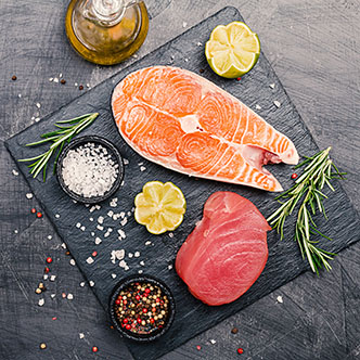 Raw tuna and salmon steak